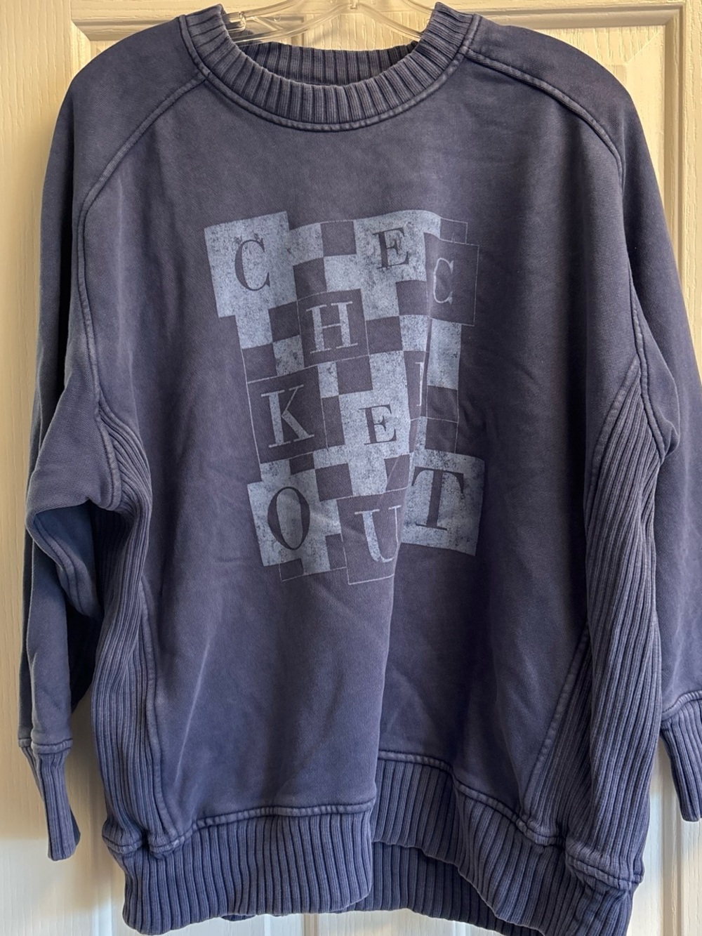 aerie Navy Blue Crewneck Sweatshirt with Checker Graphic